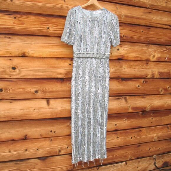 Mac Duggal 5980 Blue High Neck Short Sleeve Crystal Fringe Column Dress - Picture 6 of 15